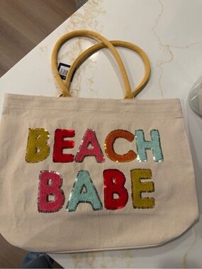 Canvas Sequin 'Beach Babe' Tote Bag - Yellow Handles, Multicolor Letters